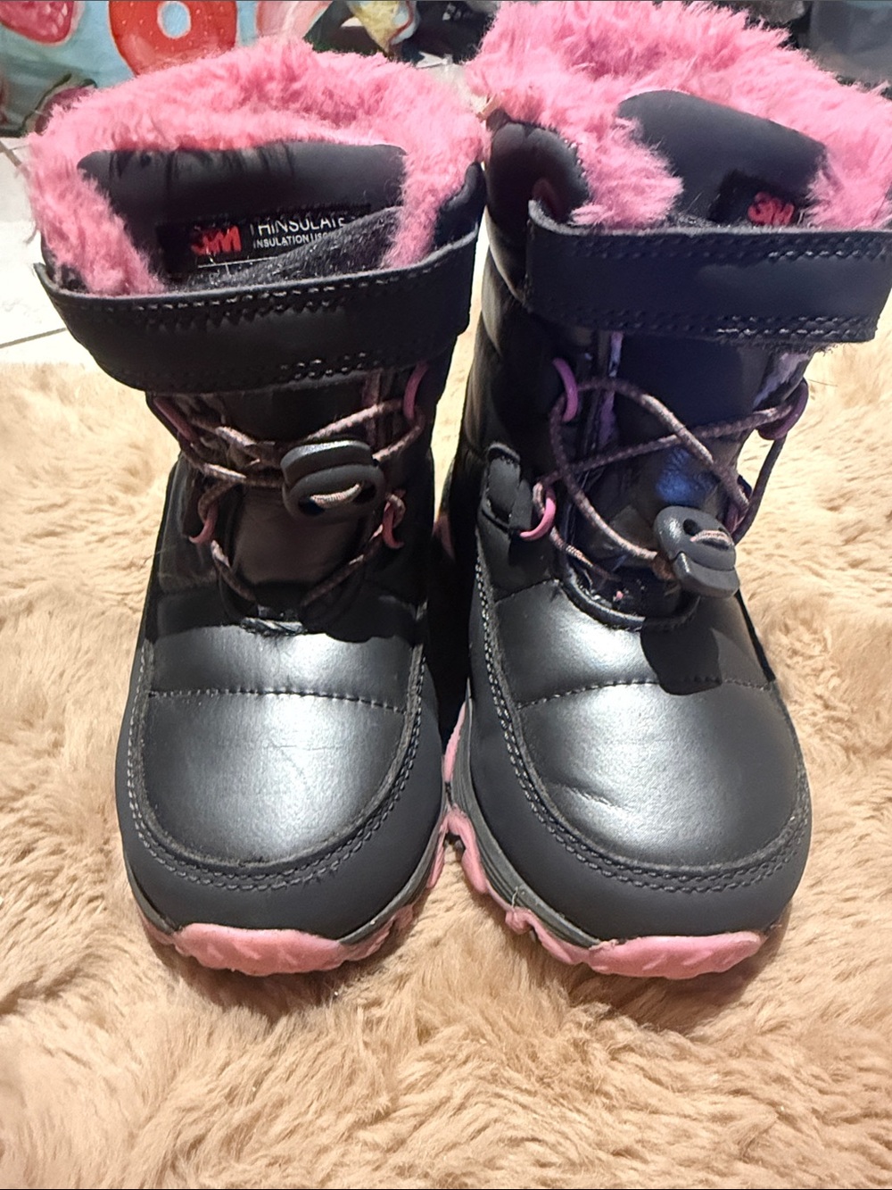 3M Thinsulate Kids Black Snow Boots with Pink Faux Fur